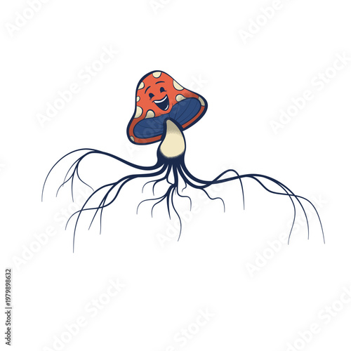 Retro Cartoon Mushroom Character with Spreading Mycelium Roots — Groovy Nature Vector