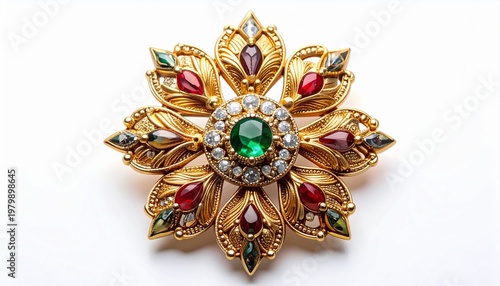 Exquisite Gold Brooch with Emerald and Pearl Centerpiece, Vintage Jewelry.