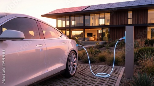 Modern electric car charging at home station in front of contemporary house with solar panels, large glass windows, and warm sunset glow. Eco-friendly living concept.