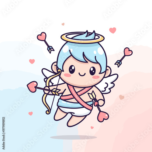 A cute cartoon Cupid character with blue hair, halo, wings, holding a bow and heart arrow, floating amidst small hearts and arrows on a pink and blue background.