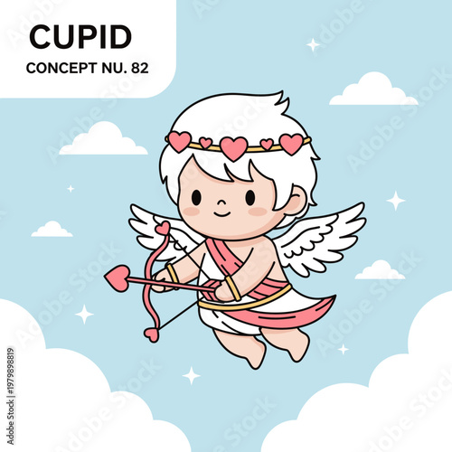 A cute cartoon illustration of Cupid, the Roman god of love, flying through the sky with his bow and arrow.