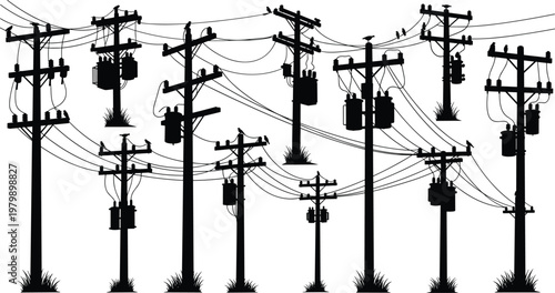 Large Silhouette Set of Utility Poles with Transformers, Complex Power Line Networks, and Small Birds Perched on Wires for Electrical Grid Infrastructure Illustration