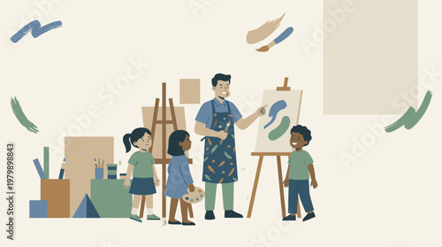 Man teaching children to paint on canvas in art studio