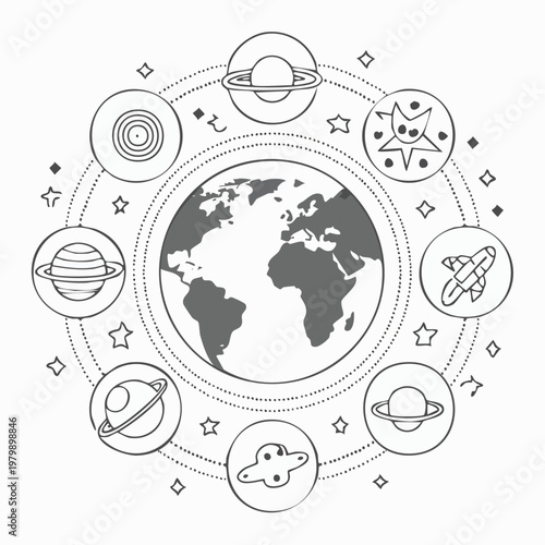 Illustration of Earth surrounded by planets and stars in orbit.