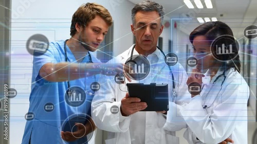 Lead Dr scrolling tablet, resident pointing, peer thinking, icons multiplying over group for triage