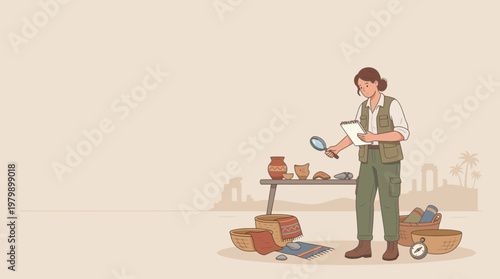 Archaeologist examining ancient artifacts in desert landscape with magnifying glass and notebook