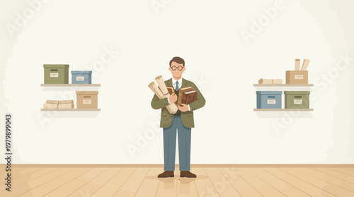Businessman holding books and documents in office storage room with shelves
