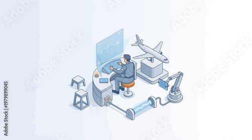 Isometric illustration of engineer designing airplane in workshop with robotic arm and computer screen