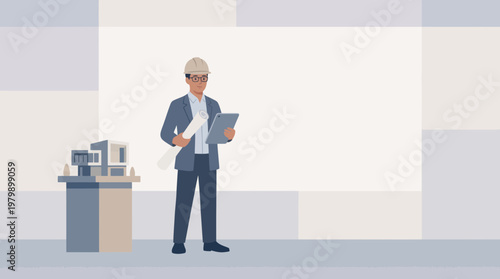 Businessman in hard hat holding tablet and blueprints standing next to desk with computer