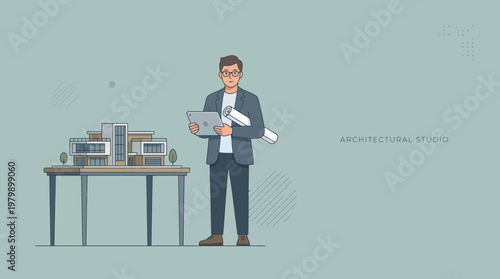 Architect standing with tablet and blueprints next to building model on table in studio