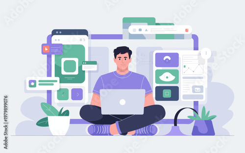 Man sitting cross-legged with laptop surrounded by mobile and web app interface elements