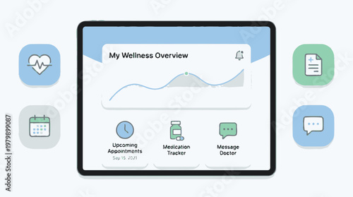 Healthcare app on tablet with wellness overview and icons for appointments medication and messaging doctor