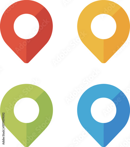 Location pin icons set featuring colorful map markers navigation GPS location symbol app interface vector illustration design concept