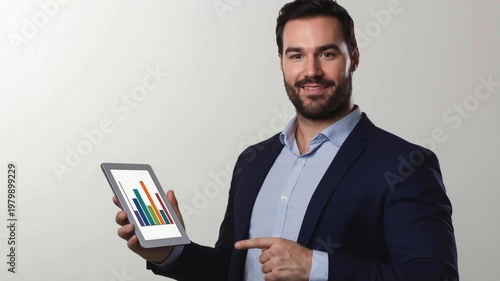 Professional Bearded Businessman in Suit Holding Tablet Displaying Colorful Bar Graph and Pointing at Results Against White Background
