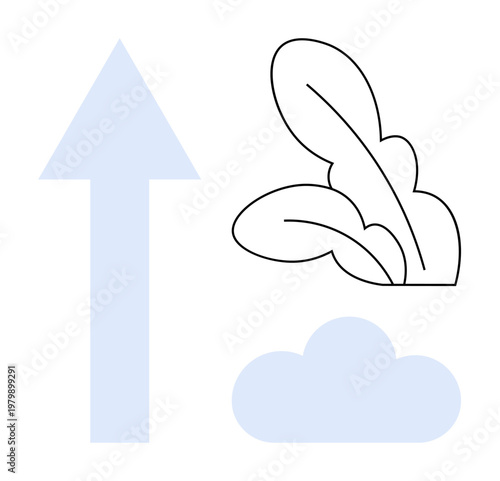 Growth, sustainability, development, progress, nature, environment. Upward arrow points higher alongside leaves and a cloud. Growth and sustainability through nature and progress