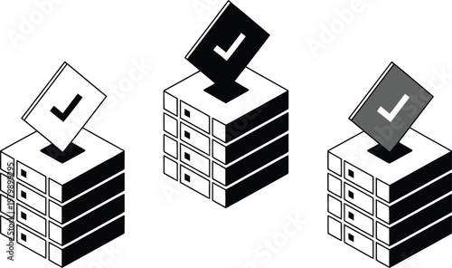 Three isometric server racks with checkmark symbols representing successful data synchronization and validated network connectivity status