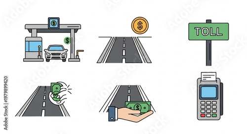 Toll Road Payment Collection Icons Set.