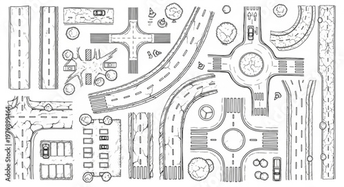 Top view of various road intersections and traffic elements.