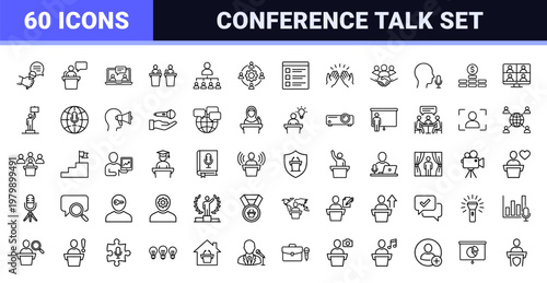 Minimalist conference and public speaking icons with microphones and speakers.