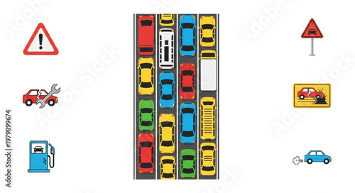 Traffic Jam Cars and Road Signs Illustration.