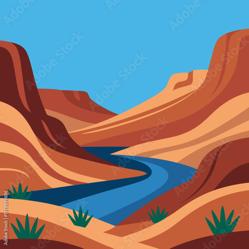 Vector illustration of wilderness scenery of a winding river flowing through deep rocky gorges in a hot western desert environment