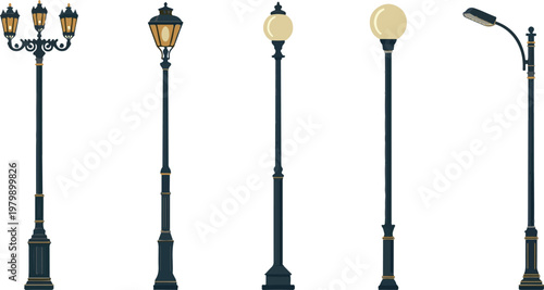 Vector set of classic vintage street lamps on transparent background showing various lamp post designs