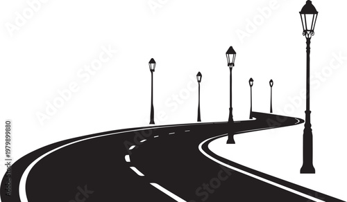 Curved road pathway with decorative boulevard street lamp silhouette on transparent background vector illustration
