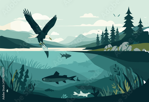 Vector illustration of eagle catching fish on transparent background in river cross section