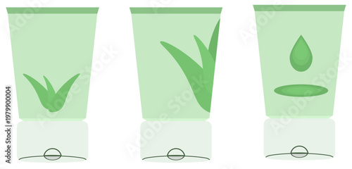 Illustration set of three green cream tubes featuring aloe vera plant and moisture drop icons. Ideal for natural skincare, herbal beauty products, and cosmetic packaging design.
