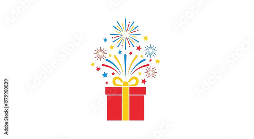 Colorful Gift Box with Fireworks Celebration.