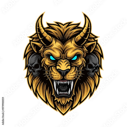 Fierce Golden Lion Head with Horns and Skulls.
