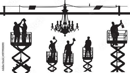 Electrician team installing ceiling light on transparent background silhouette vector icon
