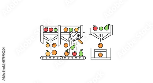 Colorful illustration of fruit sorting machine.