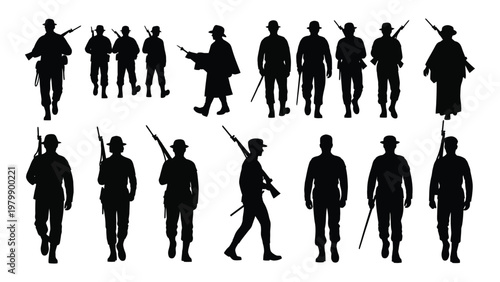 A collection of silhouetted figures depicting soldiers some holding rifles and walking forward against a white background high quality professional detailed