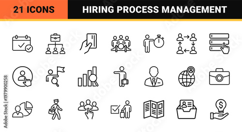 Recruitment and human resources management outline icon set.