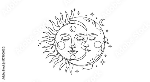 Sun and moon faces with stars and celestial elements