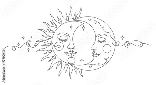 sun moon face line art illustration with stars and swirls