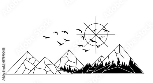 black and white mountain landscape with birds flying