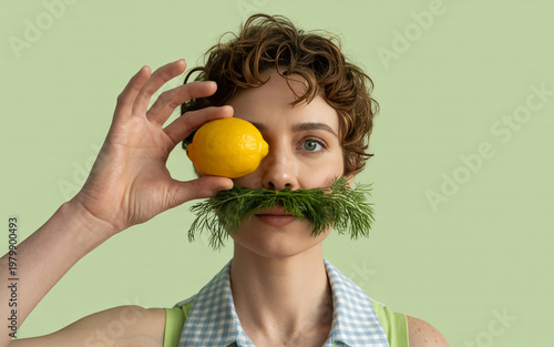 Woman Holding Lemon with Herb Mustache, Creative Healthy Lifestyle and Food Concept