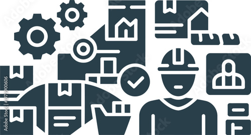 Professional construction worker managing logistics and industrial supply chain operations with gears and shipping boxes