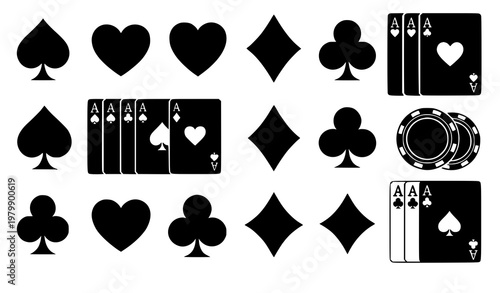 Playing cards silhouette icon set poker red black vector