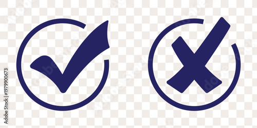 Check mark icon button set. Check box icon with right and wrong buttons and yes or no checkmark icons in green tick box and red cross. Green checkmark and red x sign. Symbols of approval and Decline.