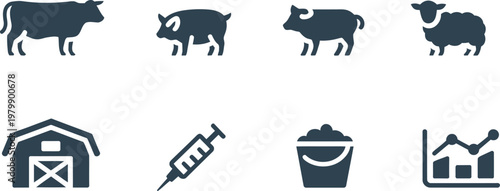 Set of farming icons featuring various livestock animals and agriculture equipment for modern rural industry needs