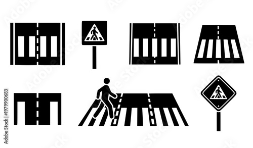 Crosswalk pedestrian icon set vector zebra crossing road traffic symbol isolated on white