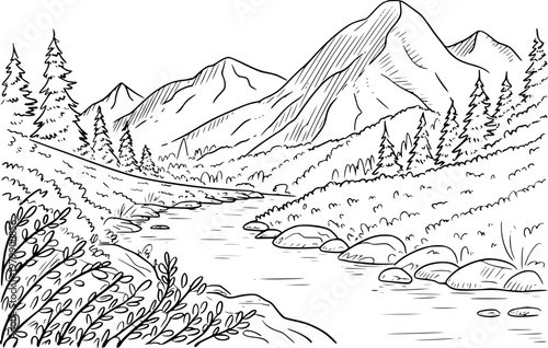 Hand drawn of a serene mountain landscape with a winding river and pine trees nature