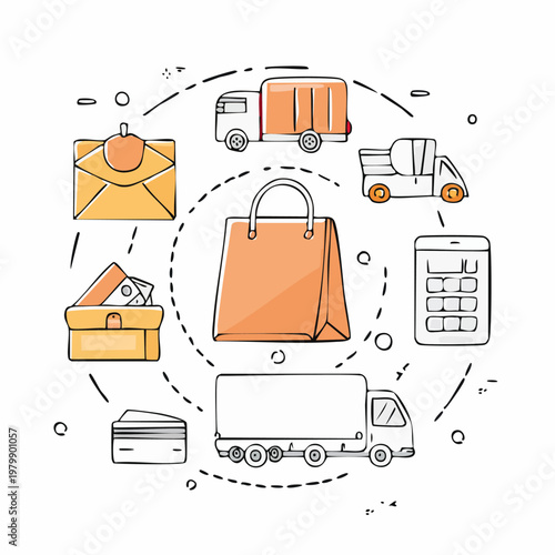 Logistics and delivery services concept with trucks and packages.