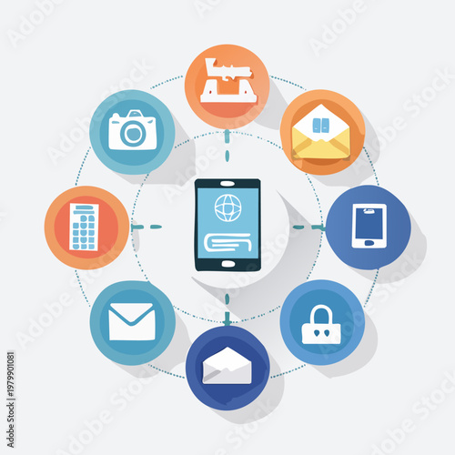 Digital Technology and Communication Icons Connected to Tablet.