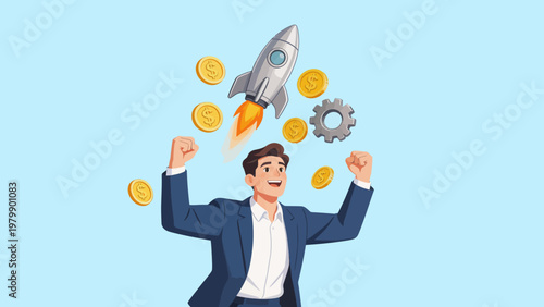 Businessman with rocket and coins
