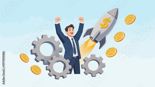 Businessman celebrating with rocket and coins
