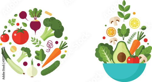 Fresh Organic Vegetable Collection and Healthy Salad Bowl Vector Illustration with Colorful Farm Produce for Clean Eating, Nutrition, and Wellness Design